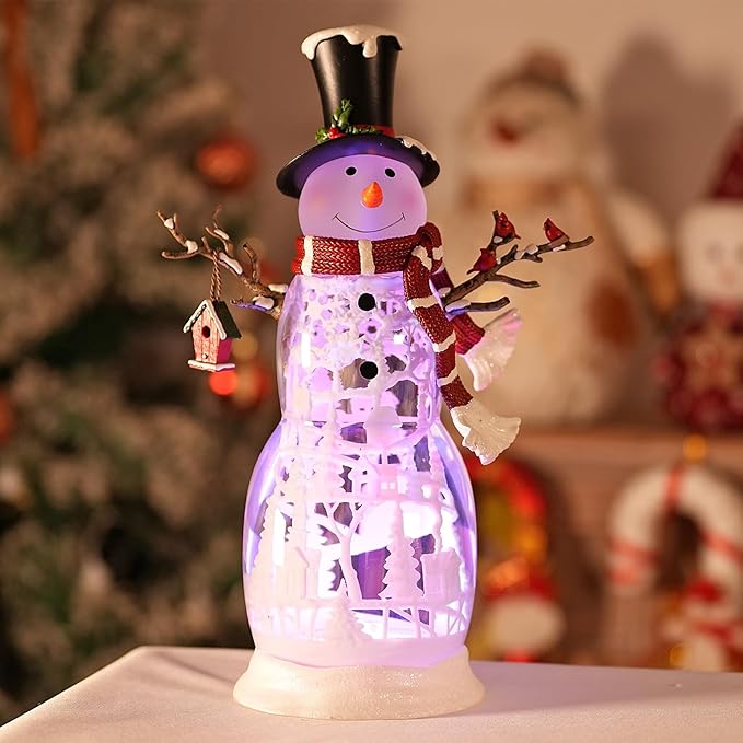 Large Snowman Christmas Snow Globe with Cardinals - Rotating Internal Scene with Swirling Glitter & Colorful Lights, 6H-Timer, Battery/USB Powered, Holiday Christmas Decoration(Snowman Cardinals)