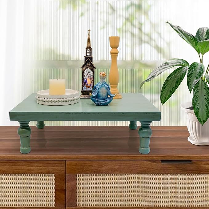 Wooden Riser Decorative Tray, Farmhouse Wood Pedestal Stand, Rustic Tray Riser Display Stand, Coffee Bar, Dining Room, Centerpiece, Kitchen, Bathroom Table Decor (Green)