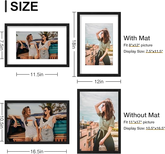 Vittanly 11x17 Picture Frames Set of 9, Shatter Resistant Plexiglass, Display 8x12 Pictures with Mat or 11x17 without Mat, Photo Frames for Wall Mount, Engineered Wood, Black