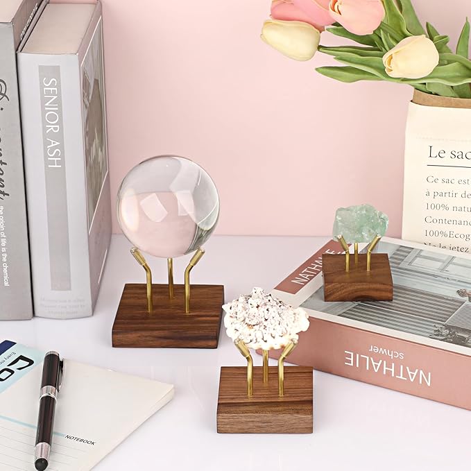 Hipiwe Metal Arm Display Stand Easel with Wooden Base Decorative Display for Sphere Crystal Ball Mineral Geodes Rock Agate Small Collectibles, Medium