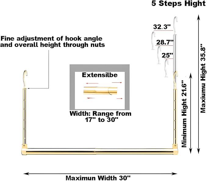 Adjustable Hanging Closet Rod, Extender Hanging Rod, Closet Hanging Organizer, Heavy Duty Closet Bar, Hanging Rod (Gold, 2 Pack)