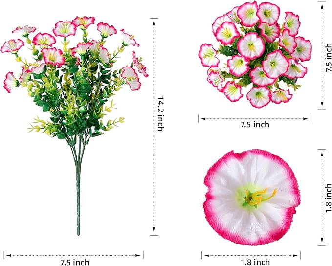 Artificial Fake Spring Outdoor Plants Flowers, 12 Bundles Outside Faux Silk Pink Morning Glory with Eucalyptus Realistic UV Resistant for Planter Pot Porch Garden Yard Patio Balcony Home Decoration