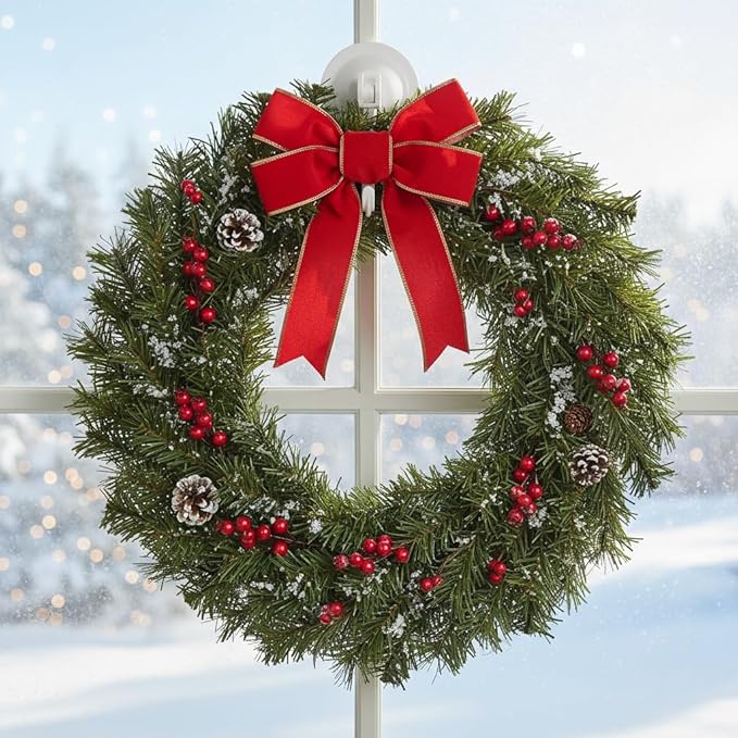 Strong Suction Cup Wreath Hanger for Front Glass Door - 20lb Duty Vacuum Hooks for Window & Bathroom - Damage-Free, Reusable Outdoor Christmas Wreath Holder for Holiday Decor, 2-Pack (White)