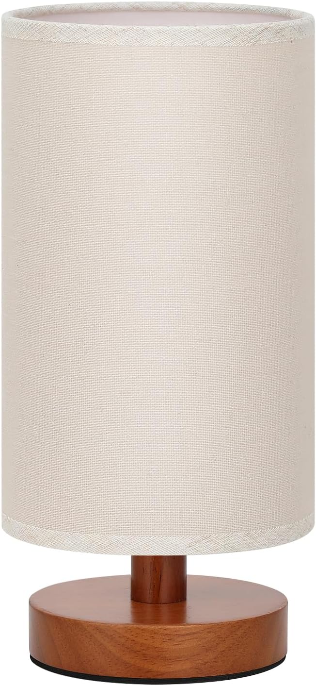 Fenmzee Small Table Lamp for Bedroom - Inline Control, Bedside Lamp with 3000K A15 LED Blub, Easy Assembly (Beige Shade - Walnut Base, 9" Inline Control)