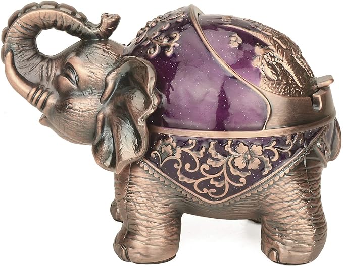 LAUYOO Elephant Decorative Ashtray with Lid for Cigarettes Metal Smoking Ash tray Holder for Smoker Windproof Cigarette ashtrays for Indoors Outdoors Fancy Gift for Men Women (Dark Purple)