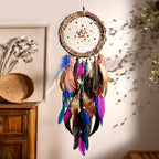 Dream Catcher Native American Boho Dreamcatcher Rattan Wall Decor, Handmade Natural Peacock Feathers Purple Colorful Beaded Hanging Ornament Indian Decor for Girls Bedroom(Purple Peacock Feather)