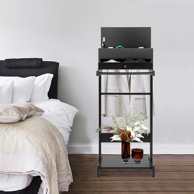 Suit Valet Stand with Drawer, Wooden Clothes Valet Organizer for Men, Mens Valet Stand with Top Tray, Freestanding Suit Hanger with Trouser Bar, Shoe Rack, Black