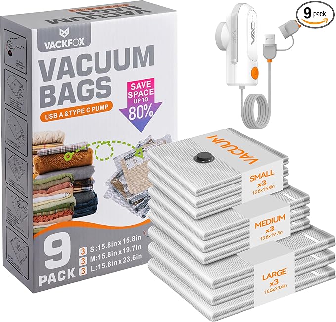 Travel Vacuum Bags with USB and TYPE C Pump Pump,9 Pack Vacuum Storage Bags,vacuum for bags storage, Powerful -58KPa Suction for Luggage,Travel and Home Use for Clothes and Blankets（Grey）