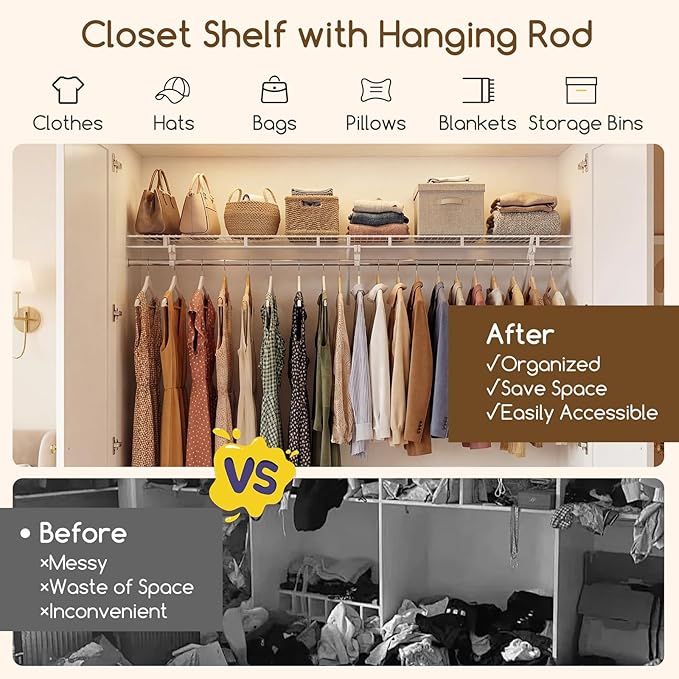COSTWAY Closet Shelves Wall Mounted, Closet Shelf with Hanging Rod, Ventilated Metal Wire Shelving Kit, Wire Wall Shelf for Laundry Room, Bedroom, Home, Mounting Accessories Included (6 ft x 12 in)