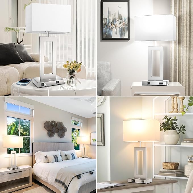 22’’ Touch Control Table Lamps Set of 2, 3 Color Temperatures Bedroom Bedside Lamps, Modern Silver Dimmable Lamps with USB Ports & AC Outlet, Tall Living Room Lamps for Nightstand End Table, 2 Bulbs