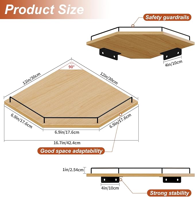 JJL Corner Shelf Wall Mounted, 12 Inches 3-Tier Floating Corner Shelf, Hexagon Rustic Wood Decor with Fence, Natural Wood Grain Storage for Apartment Bedroom Kitchen Bathroom