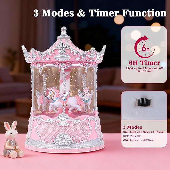 Gifts for Mom Pink Carousel Horse Snow Globe Music Box with Rotating Horses Musical Unicorn Snow Globe with Glitter for Girls, Women, Mom, Birthday Gifts Home Decorations (Pink Silver Carousel)