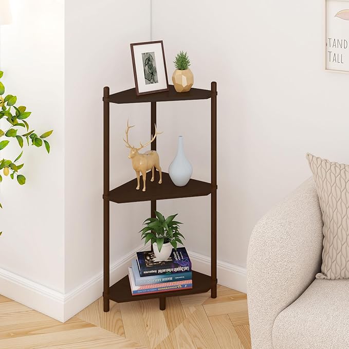 Wisuce Corner Shelf Stand - 3 Tier Bamboo Small Corner Bookshelf, Brown (Color Issue Fixed), for Office Kitchen Bedroom Plant Stand Living Room Decor Small Space