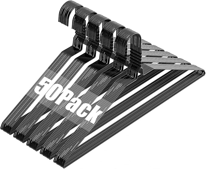 Wire Metal Clothes Hangers Bulk 50 Pack, 16 Inch 12 Gauge Standard Size, Slim Space Saving for Coat Suits Shirts Pants Skirts, Non Slip, Black