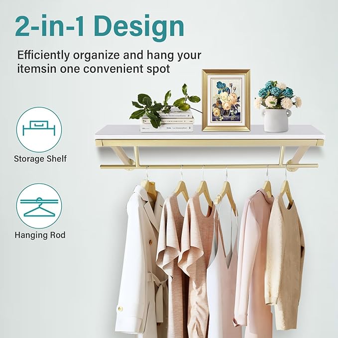 Shelf with Hanging Rod, Gold Closet Rod, Gold Closet Shelf with Hanging Rod, Clothes Rack with Top Shelves, Loads up to 88 lb, for Home, Clothing Store