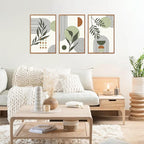 KAlRNE Sage Green Boho Beige Framed Canvas Wall Art Set of 3(16”X24”),Abstract Geometric Line Leaf Wall Decor,Botanical Minimalist Neutral Art Prints For Living Room Bedroom Office