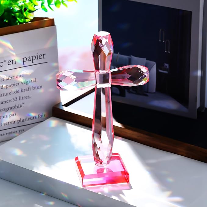 YWHL Handmade Crystal Standing Cross Decor, Religious Gifts for Women Men, Holy Cross for Easter Pary, Art Collectible Figurines for Home Table (Pink)