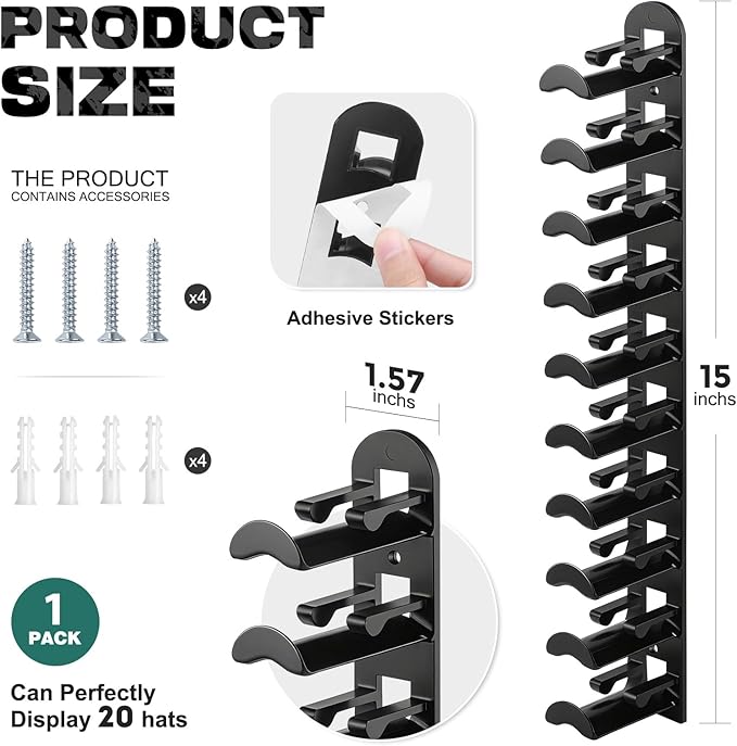 Hat Organizer for Baseball Caps, Hat Rack for Wall Closet Door Hold up to 10 Hats,Hat Holder with Adhesive and 4 Screws, Hat Hanger Cap Holder Hat Hangers for Wall Closet Door Bedroom(1pc,B-Black)
