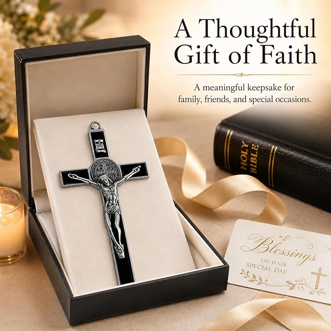 TALPGOD St Benedict Crucifix Silver Black 7.2 Inch,Crucifix Wall Cross for Catholic Decor,Jesus Christ Hanging Cross Wall Art Decor,Escapularios Catolicos,Saint Benedict Medal for Home Decoration