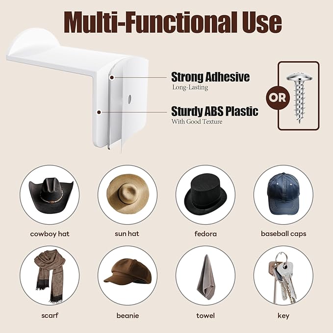2.8 Inch Hat Hooks for Wall - (16 Pack) Cowboy Hat Rack, Strong Adhesive Cap Holder, Organizer for Baseball Caps, Western Room Decor - White