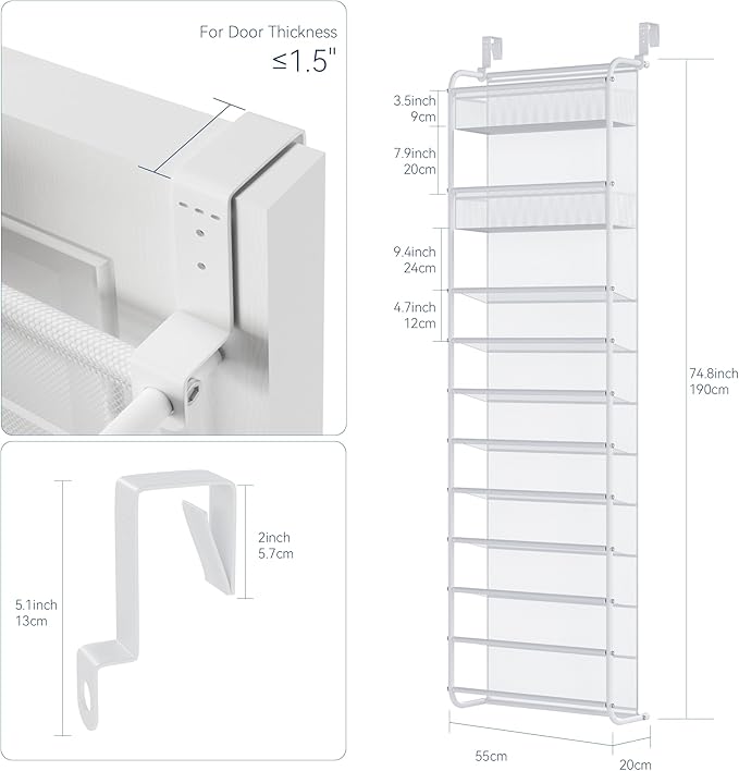 Whitmor 27 Pair Over The Door Shoe Organizer, 11 Tier Hanging Shoe Organizer, Heavy Duty Metal & Mesh Shoe Holder, Hanging Shoe Rack for Closet Organizer & Storage,74.8"L x 21.7"W x 7.5"H, White