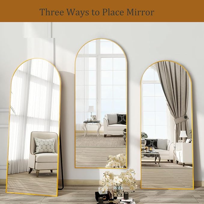 Dewfig 71"X26" Arched Full Length Mirror, Free Standing Leaning or Wall-Mounted Mirror, Aluminum Frame Modern Mirrors for Living Room, Bedroom, Cloakroom, Gold