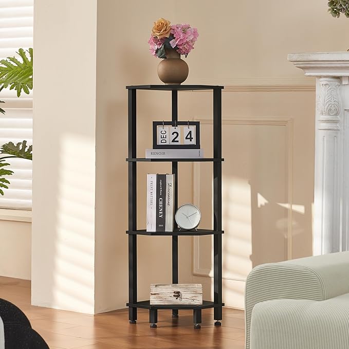 YUFAM 4-Tier Corner Shelf with Sturdy 5-Leg Base, Wooden Corner Bookshelf for Small Spaces, Corner Standing Shelf for Living Room, Bedroom, Office, Black