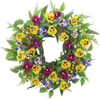 22 Inch Artificial Spring Summer Wreaths for Front Door,Pansy Flower Wreath with Eucalyptus Leaves,Berries,Ferns for Indoor Outdoor Wall Porch Festival Farmhouse Home Holiday Decor.