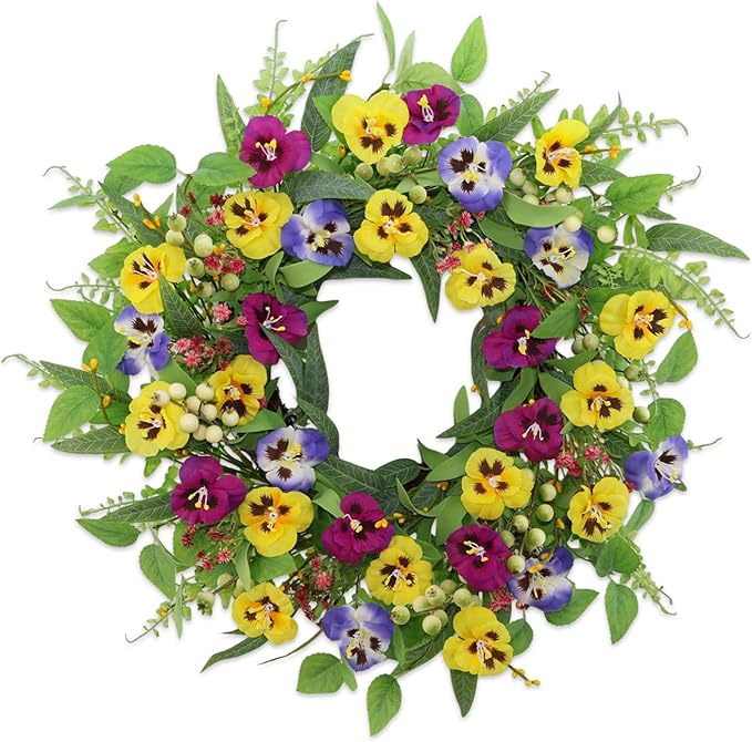 22 Inch Artificial Spring Summer Wreaths for Front Door,Pansy Flower Wreath with Eucalyptus Leaves,Berries,Ferns for Indoor Outdoor Wall Porch Festival Farmhouse Home Holiday Decor.