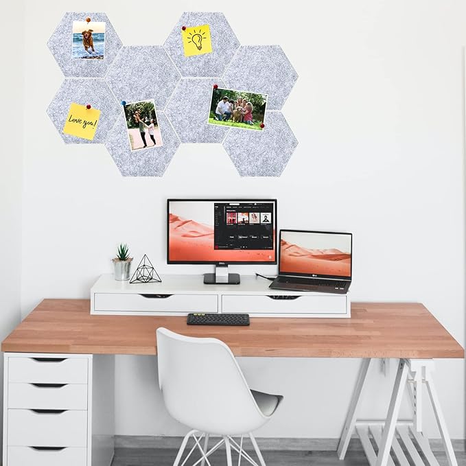 8Pcs Hexagon Felt Cork Board Tiles, Self Adhesive DIY Bulletin Board Pin Board for Office School Home Wall Decor Memos Photos Display (Light Grey)