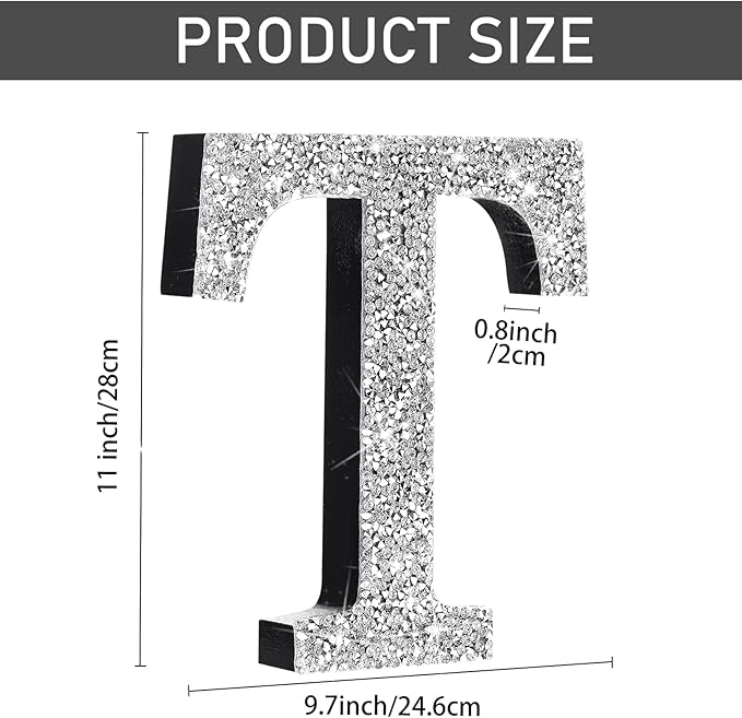 Qunclay 12'' Silver Crystal Diamond Bling Letters Crushed Diamond Decoration Wooden Glitter Letter with Screw and Hooks Rhinestone Gift for Wedding Y2k Mcbling Bedroom Wall Decor (Letter T)