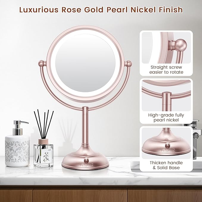 VESAUR Lighted Makeup Mirror Rose Gold Nickel, Double Sided 1X/10X HD Undistorted Magnifying Mirror, 8.5" Vanity Mirror with 3 Colors Dimmable 90 Bright LEDs, 360°Swivel Two Power Supply, Luxury Gifts