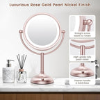 VESAUR Lighted Makeup Mirror Rose Gold Nickel, Double Sided 1X/10X HD Undistorted Magnifying Mirror, 8.5" Vanity Mirror with 3 Colors Dimmable 90 Bright LEDs, 360°Swivel Two Power Supply, Luxury Gifts