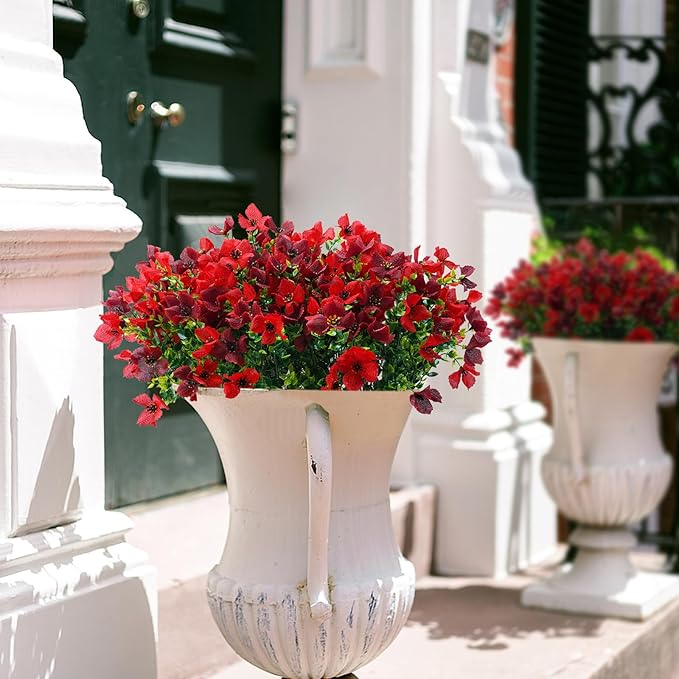 Artificial Faux Plants Flowers Outdoor Spring Summer Decoration, 12 Bundles Fake Silk Colorful Daisy Eucalyptus Realistic UV Resistant for Outside Home Planter Porch Patio Yard Decor (Red Brown)