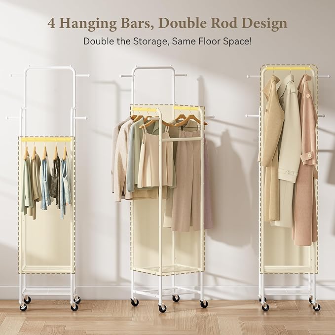 Chrislley Clothes Rack with Wheels, 71" Portable Clothing Rack with 2 Shelves and 4 Hooks, Small Rolling Garment Rack, 4 Hanging Rods Metal Coat Rack for Bedroom, Apartment, Entryway, White