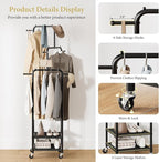 Chrislley Small Clothing Rack With Wheels, 71" Portable Rolling Garment Rack With 2 Shelves and 6 Hooks, 3-Section Different Heights Heavy Duty Metal Clothes Rack For Coats, Shirts, Bags, Shoes, Black