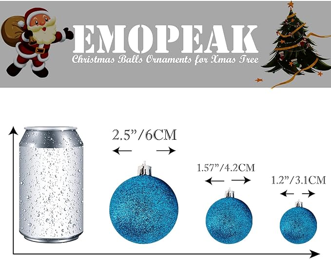 Emopeak 24Pcs Christmas Balls Ornaments for Xmas Christmas Tree - 4 Style Shatterproof Christmas Tree Decorations Hanging Ball for Holiday Wedding Party Decoration (Lake Blue, 1.6"/4.2CM)
