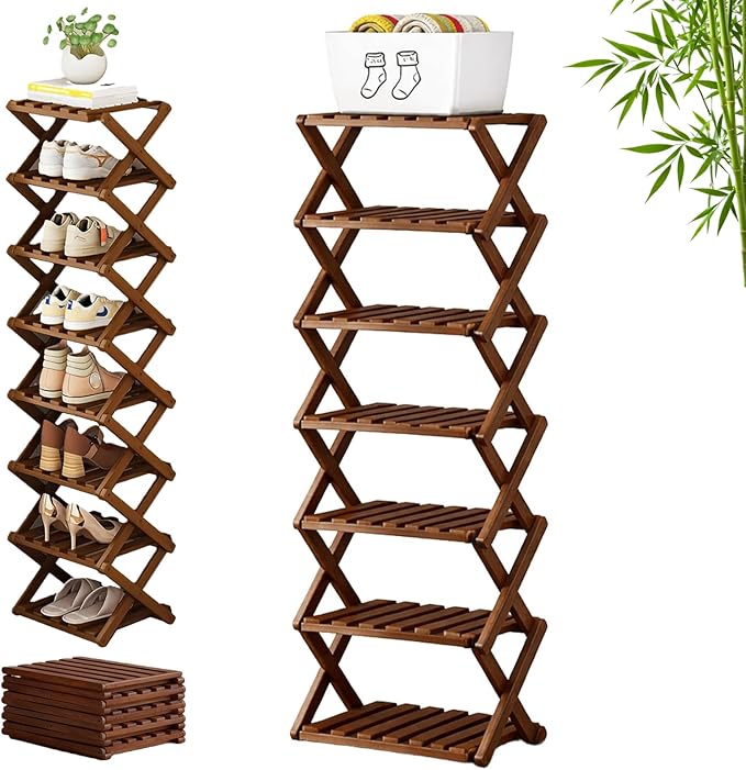 The 9-Tier No-Assembly Bamboo Rack, 3-9 Tiers Bamboo Shoe Rack, Foldable Bamboo Vertical Shoe Organizer, Multifunctional & Space-Saving, For Entryway, Closet, Corner, Bedroom, Hallway (Walnut, 7Tiers)
