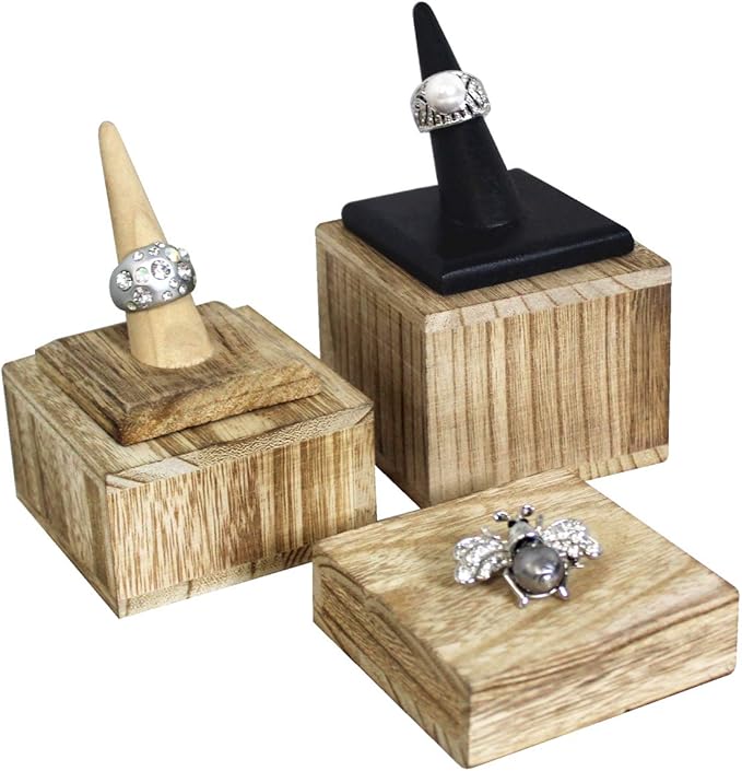 MOOCA 3-Piece Wooden Square Risers for Display Jewelry and Accessories Stand, Wood Display Stand, Oak Color