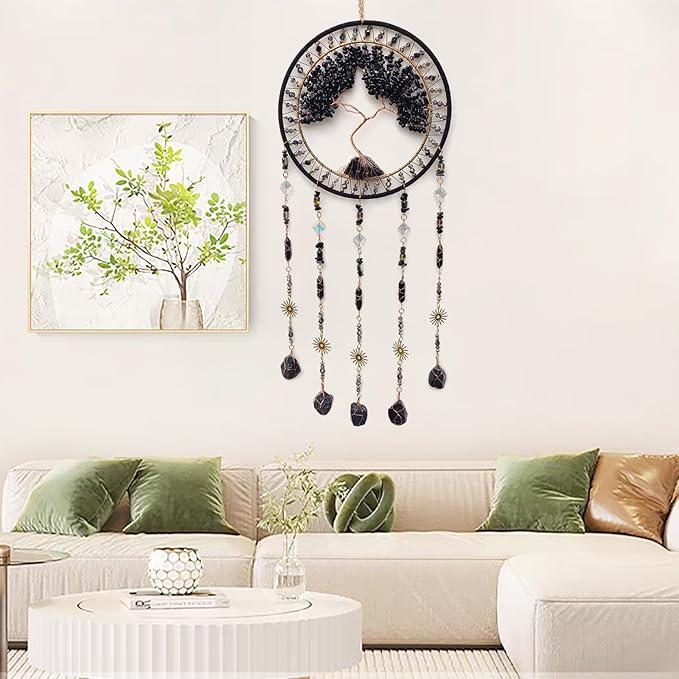 Crystal Tree of Life Dream Catchers with Stone Pendant Black Dream Catcher Wall Decor Handmade Dreamcatcher Wall Hanging Ornament for Bedroom Living Room Home Decor