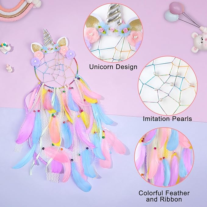 QtGirl Dream Catchers for Kids Unicorn Wall Decor for Girls Bedroom Flower Feather Wall Hanging Decoration