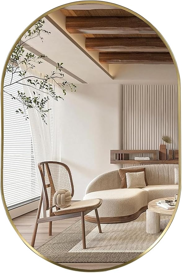 Gold Oval Mirror, 24"x36" Oval Bathroom Mirror, Vanity Mirror with Brushed Metal Frame, Wall Mount Mirrors Decor for Bathroom, Bedroom, Entryway, Living Room(Hangs Horizontally or Vertically)