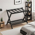 Bamboo Luggage Rack with Shoe Shelf Folding Suitcase Stand with 5 Heavy-Duty Straps for Guest Room Living Room Hotel Ideal Luggage Holder for Suitcases Bags Shoes,Black