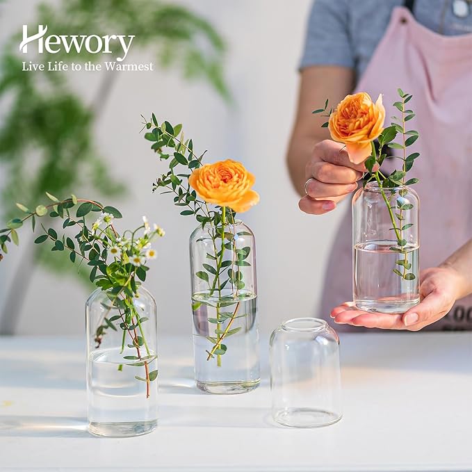Glass Bud Vases for Flowers - Hewory Blown Modern Small Glass Vases for Centerpieces Set of 3, Mini Clear Bulk Flower Vases for Wedding Party Events Home Decor Floral Arrangements (Not Include Flower)