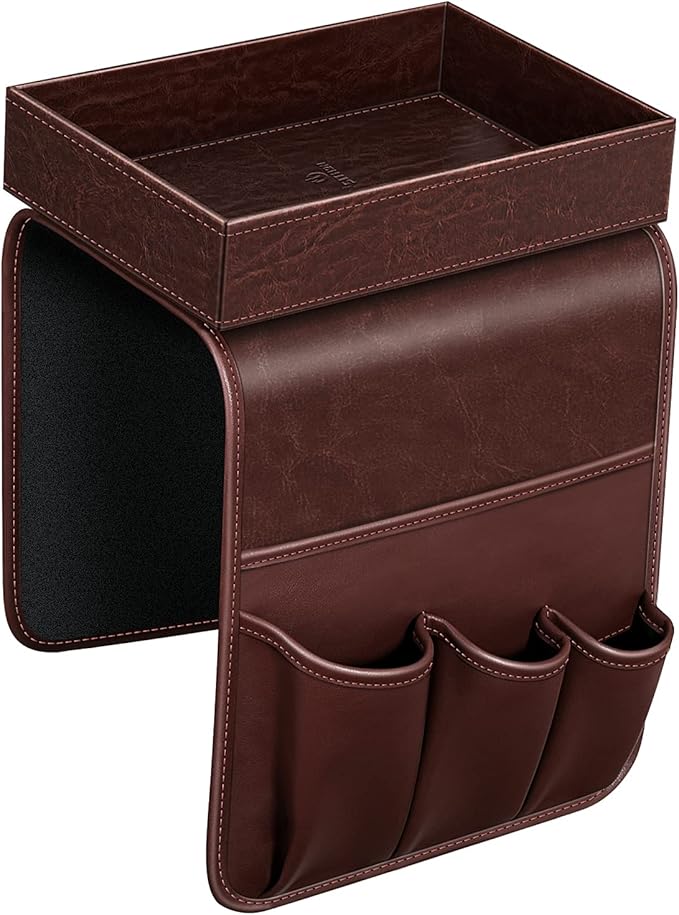 SITHON Sofa Remote Control Holder with Detachable Tray - [Non Slip] PU Leather Chair Couch Armrest Organizer Caddy with 5 Pockets for Magazines Phone iPad TV Remote Game Controller Eyeglasses (Brown)
