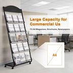 4-Tier Heavy Duty Magazine Display Rack School Furniture - Metal Brochure Holder with 4 Lockable Wheels, Detachable Literature Stand with Back Storage Floor Standing Rack (58.2" H×25" W)