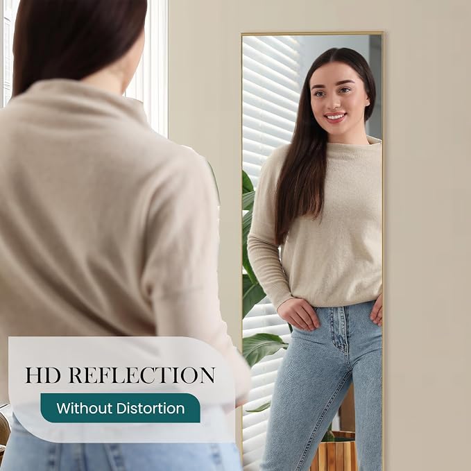 DUMOS 59"x16" Full Length Mirror, Full Body Mirror with Aluminum Alloy Thin Frame, Standing Mirrors with Leaning or Hanging, Suitable for Bedroom, Livingroom, Cloakroom, Gold