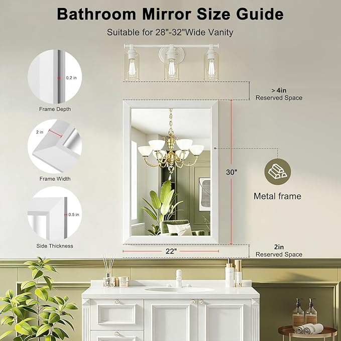 Bathroom Mirror for Over Sink,22x30Inch White Thick Anti-Rust Metal Frame, Rectangle Decorative Wall Mirror with HD Tempered Glass, Horizontal or Vertical Mount for Vanity, Bathroom,Living Room