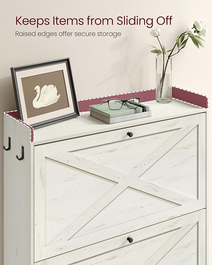 VASAGLE Shoe Storage Cabinet Organizer with 2 Flip Drawers, Freestanding Narrow Shoe Rack Cabinet for Entryway, Farmhouse Style, Fits 14 to 16 Pairs, Rustic White UHSC203WJ01S