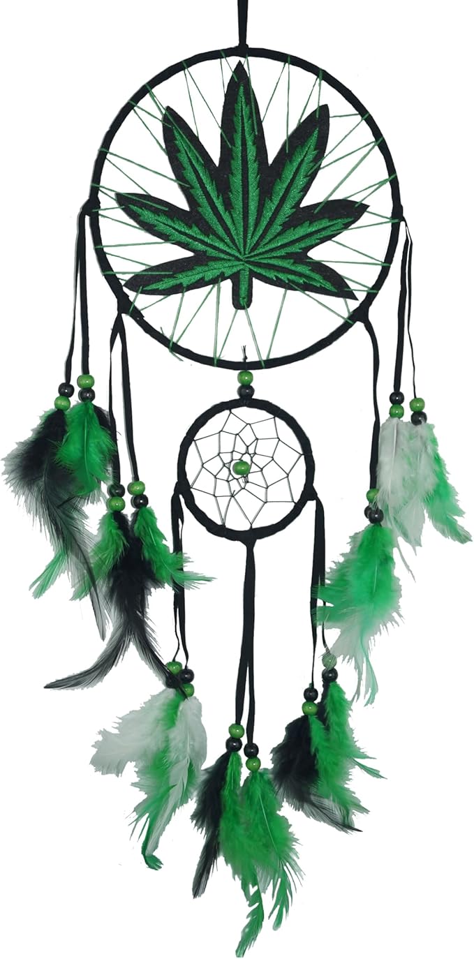 Green Leaf Weed Dream Catcher Wall Hanging Decor Bedroom Adult Living Room Home Bohemian Decorations (Two Rings)